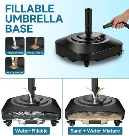 Umbrella Base with 5 Wheels, 140 lbs Max Capacity Fillable Umbrella Stand | 360°swivel wheel for flexible steering, 2 locks 2 knobs, wind-resistant design, heavy duty base for patio, deck, outdoor