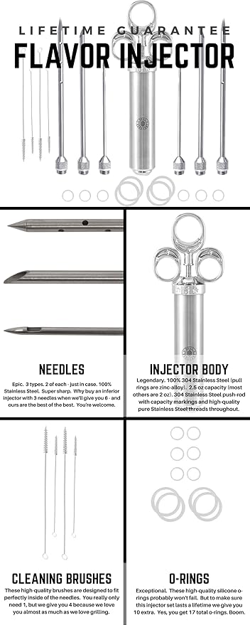 GRILL SERGEANT Professional Meat Injector, Marinade Syringe Set, Forever Guarantee, Zippered Storage & Travel Case, 304 Stainless Steel, No Aluminum, 6 Needles, 2.5 oz Capacity, 4 Cleaning Brushes