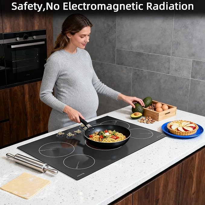 Karinear Electric Cooktop 30 Inch, 5 Burner Radiant Cooktop with Knob & Touch Control, 8500W 240V Built-in Stove Top, 9 Power Levels, Timer, Child Lock, Pause, Residual Heat Indicator(Gold Knob)