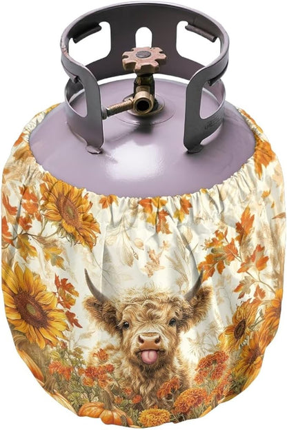 Fall Propane Tank Cover 20lb Highland Cow Gas Tank Cylinder Cover for Outdoor Easy to Install RV Gas Cylinder Storage Pocket for Yard Party RV Travel Trailer
