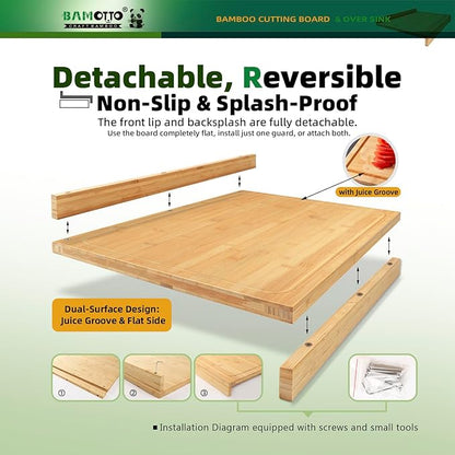 BAMOTTO CRAFTBAMBOO 24x18 Inch Extra Large Bamboo Cutting Board with Detachable Front Lip & Backsplash - Reversible Over The Sink Board, Pasta Maker, Pastry & Carving Board for Home Kitchen