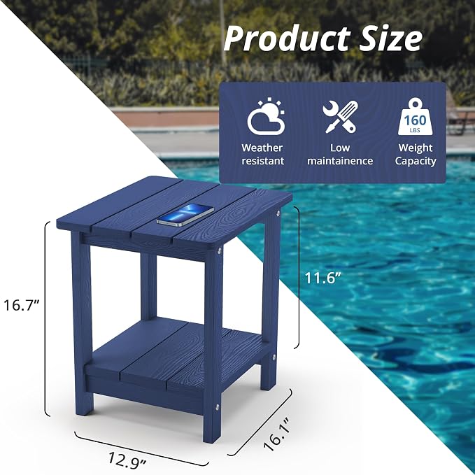 LUE BONA Outdoor Side Table, 2-Tier HDPS Small Patio Table, Navy | 2-Tier Shelf for Extra Storage, Small End Table for Pool, Porch, Balcony, Weather Resistant HDPS, Easy Clean