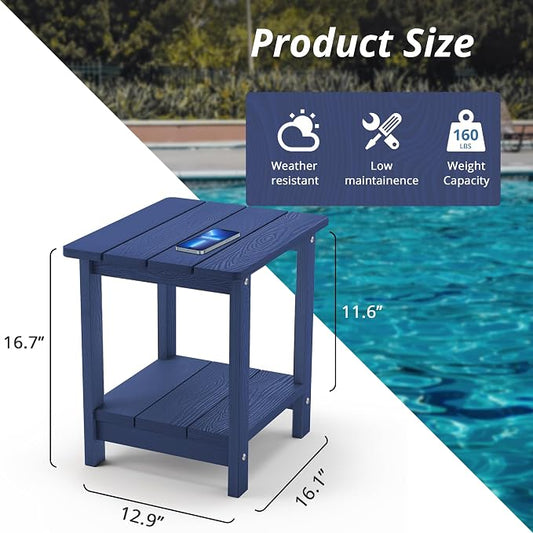 LUE BONA Outdoor Side Table, 2-Tier HDPS Small Patio Table, Navy | 2-Tier Shelf for Extra Storage, Small End Table for Pool, Porch, Balcony, Weather Resistant HDPS, Easy Clean