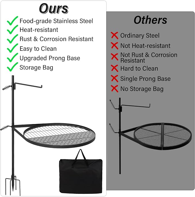 24" Fire Pit Grill w/304 Stainless Steel Grate, Grill Tray | Swivel Grill Grate, Portable Carry Bag, Height Adjustable, Easy Setup, Perfect for Hiking, Picnics & Family BBQs
