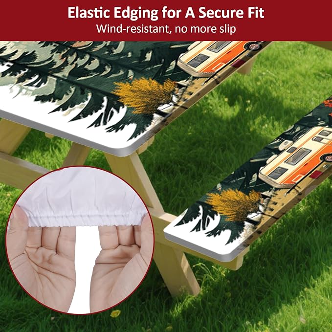 6ft 72in Picnic Table and Bench Cover, 3 Pack, RV Serenity | Drawstring Bag, Waterproof Windproof, Elastic Fitted Edges Tablecloth, for Rectangle Table & Seat, Camping Essentials RV Gear