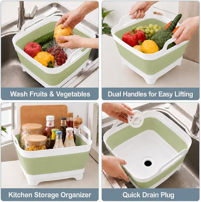 2.4 Gal(9L) Collapsible Dish Basin with Drain Plug, Space Saving Outdoor Multiuse Foldable Sink Tub, Dishpan, Kitchen Storage Tray for Camping, Vegetable Washing, RV (Green)