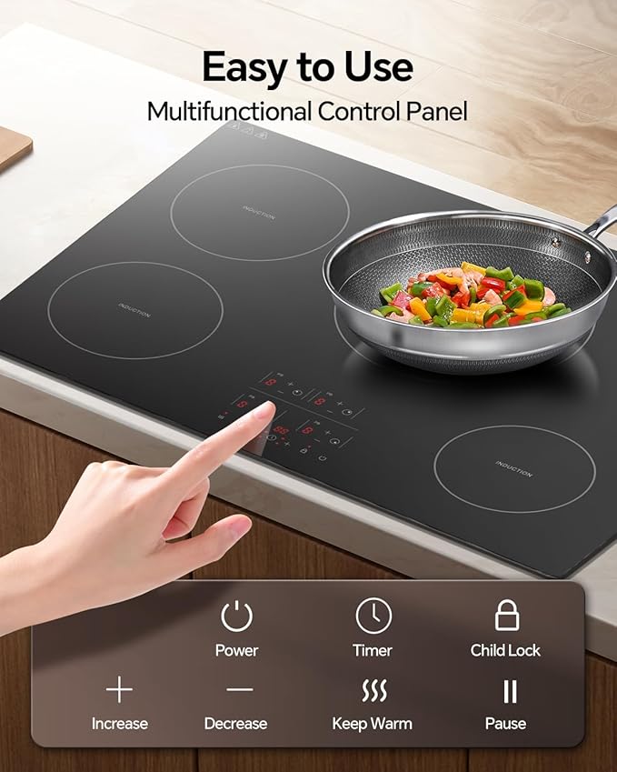 Ranein 30 Inch 5 Burner Induction Cooktop, Max 9200W 240V Durable Panel Built-in Electric Stove Top,with Child Safety Lock, Timer, Over-Temperature Protection