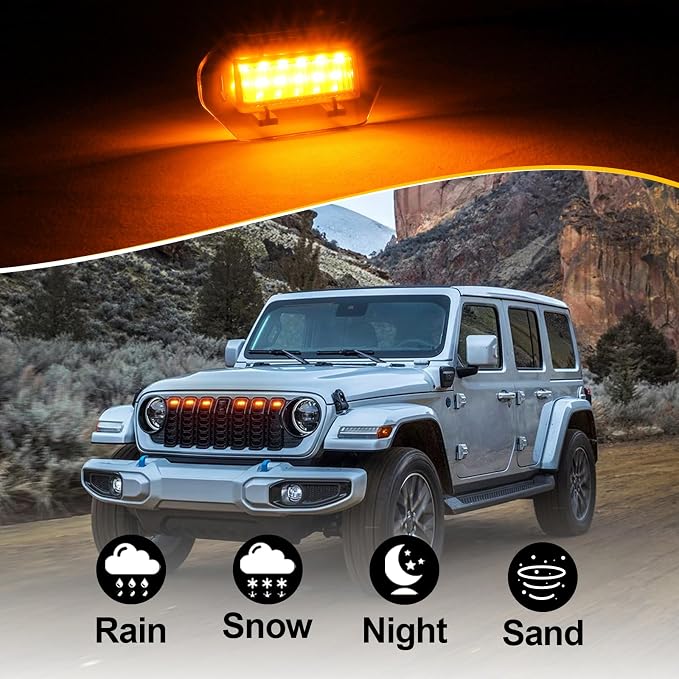 Amber Led Grill Grille Lights for 2024 2025 2026 Jeep Wrangler JL Jlu Sport | 6 in 1 upgraded Oem Jl Jlu grills light assembly