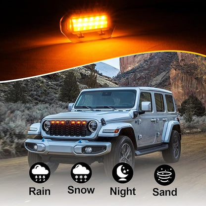 Amber Led Grill Grille Lights for 2024 2025 2026 Jeep Wrangler JL Jlu Sport | 6 in 1 upgraded Oem Jl Jlu grills light assembly