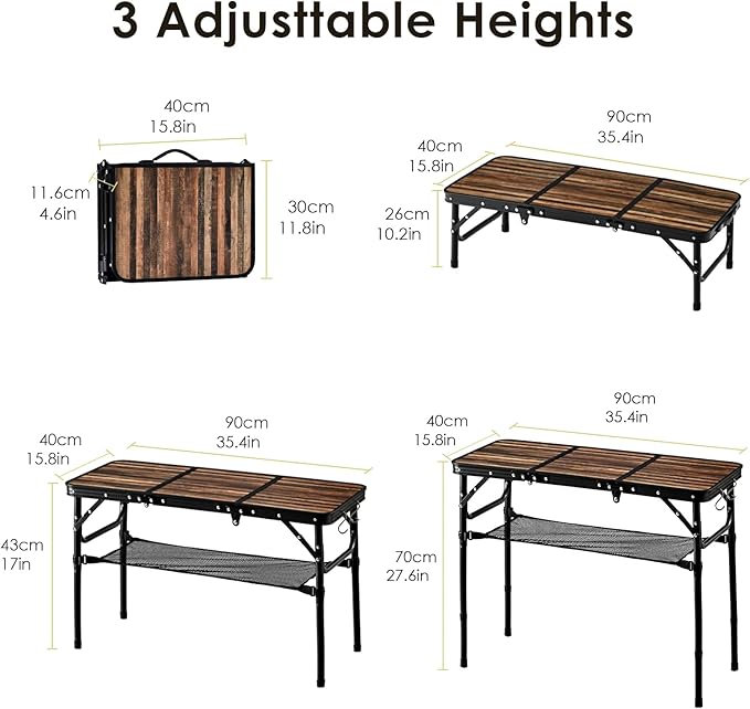 Folding Picnic Table 3ft Portable Camping Table with Adjustable Heights Lightweight Aluminum Foldable Small Card Table for Outdoor Indoor Camp Backyard BBQ