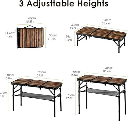 Folding Picnic Table 3ft Portable Camping Table with Adjustable Heights Lightweight Aluminum Foldable Small Card Table for Outdoor Indoor Camp Backyard BBQ