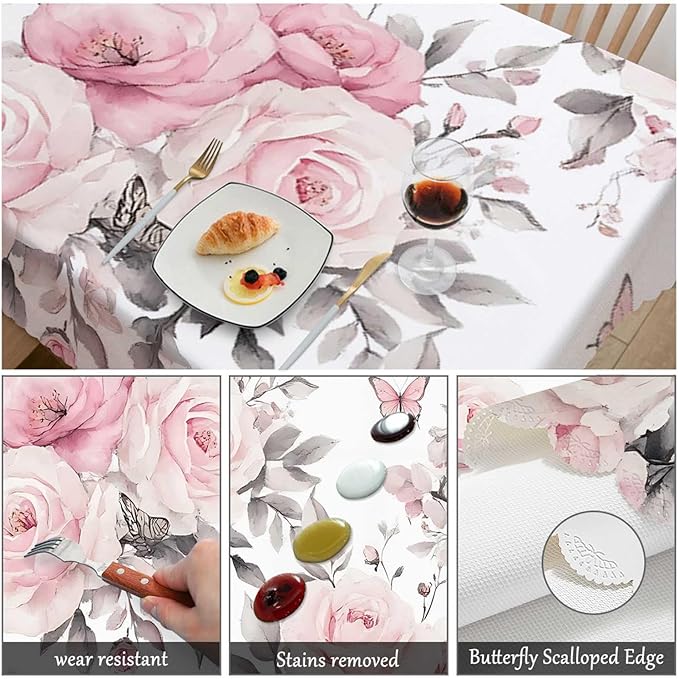 Swono Rectangle Tablecloth Rose Table Cover 52x70 Inch Watercolor Pink Flowers Roses and Leaves Heavy Duty Table Cloth for Rectangle Tables Decorative Tablecloth for Dining Party Camping BBQ