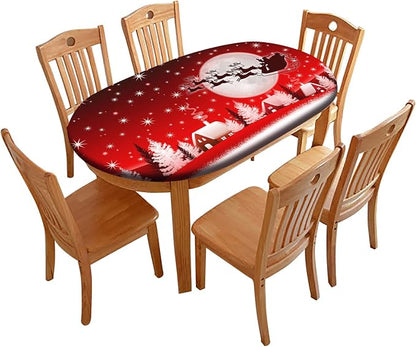 Merry Christmas Fitted Oval Tablecloths, Happy New Year Moon Santa Deer Wrinkle Resistant Table Covers, Fits 54x76 In, Elastic Edged for Xmas Outdoor Party and Dinner Use