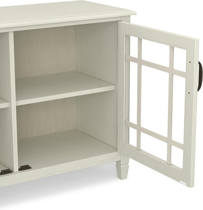 SIMPLIHOME Connaught 46" Wide Solid Wood Low Cabinet in Antique White | Traditional low console cabinet with glass doors and storage shelves for the living room, entryway or dining room.