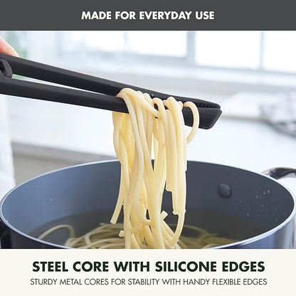 GreenPan Silicone Tong, Cooking Grilling Serving, Salad, Kitchen Utensil, Flexible Rubber Nonstick Cookware, Rigid Steel Core, Heat-Resistant, Anti-Slip Handle, BPA-Free, Dishwasher Safe, Gray