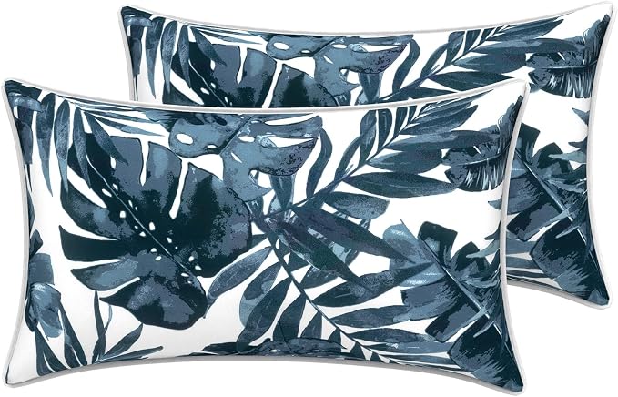 LVTXIII 2 Pack Outdoor Lumbar Pillow Covers 12x20 Inch with Piping, Water-Repellent Back Cushion Covers ONLY for Patio Furniture, Sofa, Garden Bench, Palm Blue