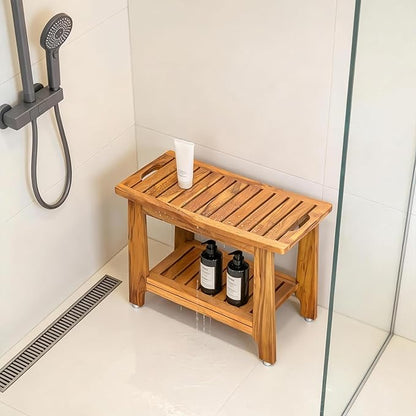 NNN 24" Home Teak Shower Bench with Japan-Made Non-Slip Leveling Feet | US Patented Design, Marine-Grade Hardware, Pre-Oiled European Teak Oil, Ready, 300lb, for Showers Spa Sauna & Outdoor Pools