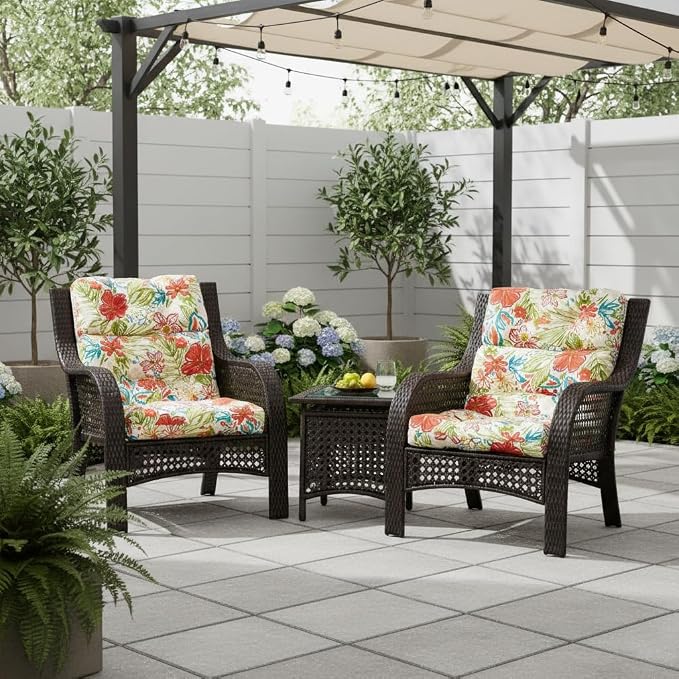 Outdoor Tufted High-Back Chair Cushions, One-Piece Hinged Seat and Back Design, Reversible with 4 Ties, Durable Polyester Fabric, Recycled Fiber Fill - Set of 2, Breeze Floral
