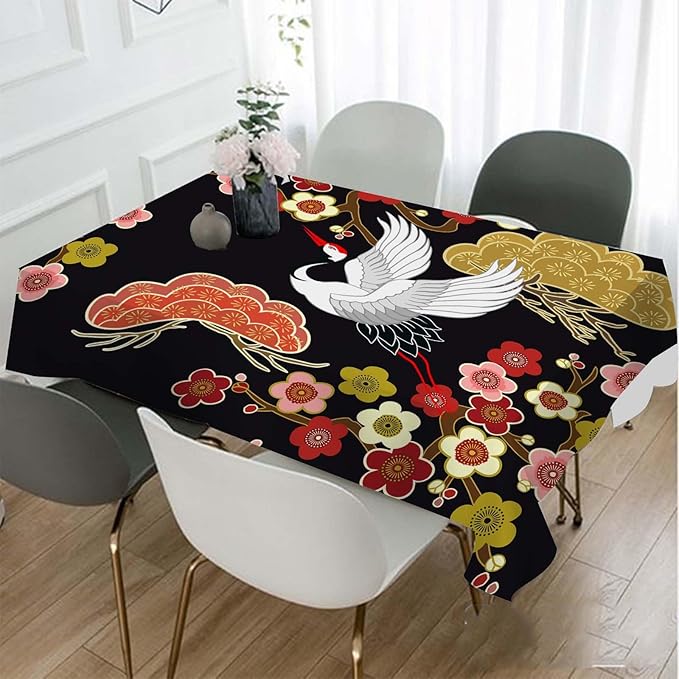 TKS MITLAN Japanese Crane Tablecloth 60x84 Inch Rectangular Asian Oriental Heron Bird Floral Branch Clouds Oblong Table Cloth Kitchen Table Decorations for Home Dinner Party