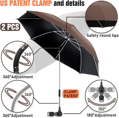 2 PACK Beach Umbrella with Clamp, 360 ° Adjustable Umbrellas for Chair, UPF50+ Umbrella for Beach Chair, Patio Chair, Wheelchair, Camping Chair, Golf Carts (Chair Not Included)