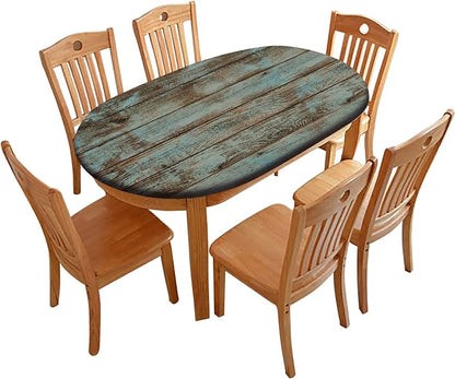 Wood Grain Fitted Oval Tablecloths, Green Rustic Weathered Wooden Planks Windproof Polyester Table Covers, Fits to 42x60 in Tables, Table Cloths for Restaurant Terrace Dining Decor