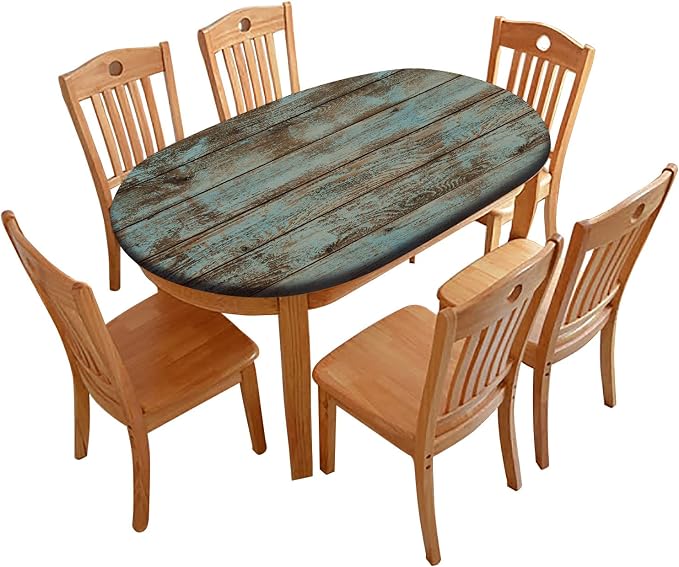 Wood Grain Fitted Oval Tablecloths, Green Rustic Weathered Wooden Planks Windproof Polyester Table Covers, Fits to 52x70 in Tables, Table Cloths for Indoor Restaurant Outdoor Terrace Dining Decor