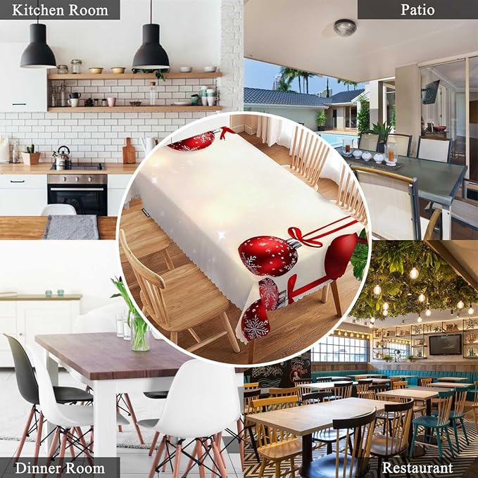 Swono Christmas Table Cloth Christmas Fir Twigs Red Balls Rectangle Tablecloth Picnic Tablecloth BBQ Table Cloths Polyester for Kitchen 50x72 Inch