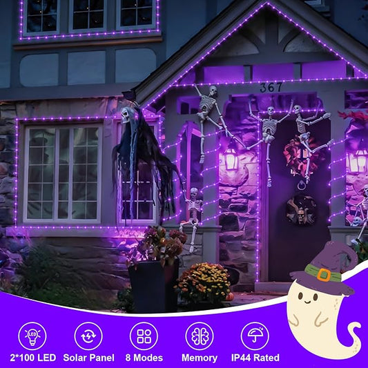QITONG 2 Pack Solar Halloween Lights, Each 33ft 100 LED Purple String Lights, 8 Modes Clear PVC Tube Light Outdoor Waterproof