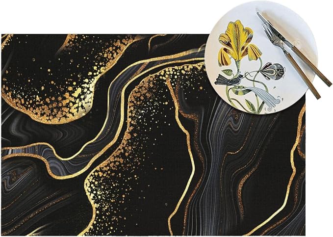 Black Gold Marble Texture Placemats Set of 4, Black Table Mats | Heat Resistant Washable Linen Place Mats for Kitchen Dining Table Farmhouse 12"x18", Black Gold Kitchen Decor