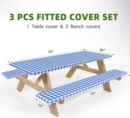 UMINEUX Rectangle Picnic Table Cover with Bench Covers, Fitted Vinyl Tablecloth for 6 FT Tables, Waterproof, Flannel Backing, Elastic Edge (30 x 72 Inch, Blue Plaid)