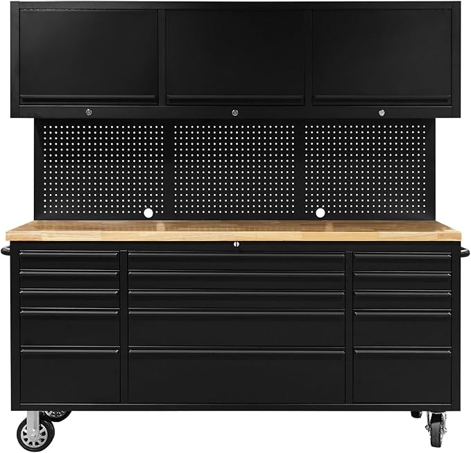 CHETTO C 72 inch Tool Chest Tool Box Mobile 15 Drawers Storage 3 Upper Cabinets SS-Pegboard Rolling Cabinet with Wheels Lock Key Locking System Drawer Liners for Garage Warehouse Repair Shop Black
