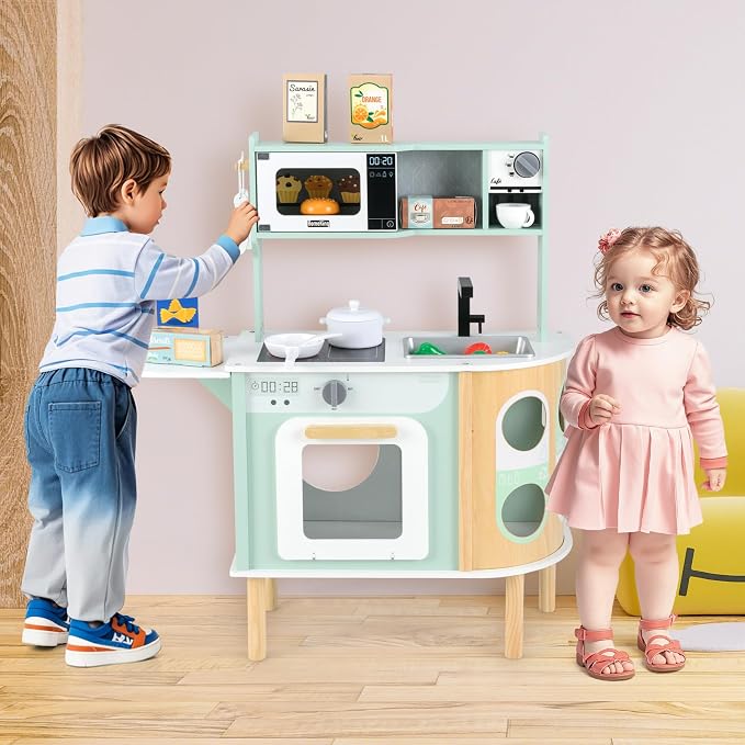 INFANS Kids Kitchen Playset, Toddler Wooden Pretend Cooking Set with Stove Microwave Dustbin Storage Cabinet, Play Kitchen Toy Set with Toy Food Cookware Accessories for Children Boys Girls