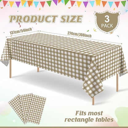 3Pcs Brown Gingham Tablecloths, Checkered Party Table Covers 54x108 In | Brown and White Checkered Tablecloths Disposable Plastic Waterproof for Fall Picnic Halloween Barbecue Birthday Outdoor Party