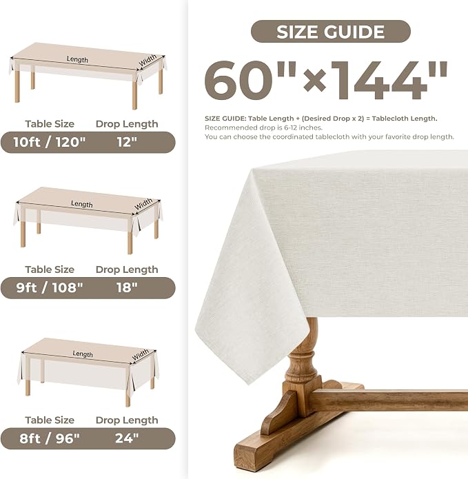 Decorelia Faux Linen Farmhouse Table Cloth 60"x144" for 10 ft Rectangle Table, Ivory Waterproof Outdoor Washable Cloth Tablecloth for Rectangular Dining Room Kitchen Outdoor Party Restaurant Table