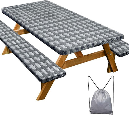 Picnic Table Cover with Bench Covers Camping Essentials Waterproof Windproof Camping Tablecloth with Drawstring Bag, Fitted Rectangle Tables and Seats, 72in, Dark Gray