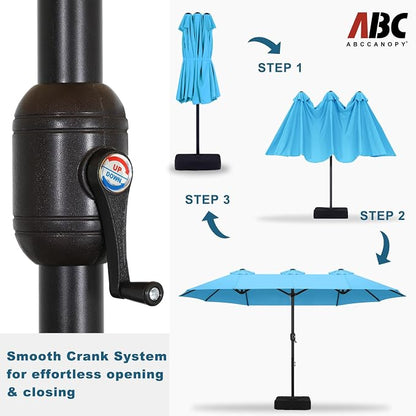 ABCCANOPY 15FT Double-Sided Rectangle Patio Umbrella with Base, Turquoise | Rectangular Outdoor Table Umbrella with Crank, Heavy Duty Market Umbrella Shade for Garden,Poolside, Lawn, Backyard