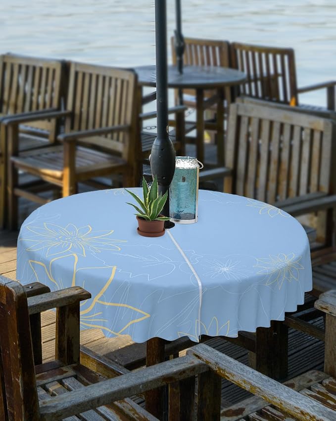 QueenKer Outdoor Tablecloth with Umbrella Hole, Minimalist Lines Leaves Flowers Blue Round Tables Waterproof Tabletop Collection for Patio, Garden, Picnic, Camping, Dining 60R
