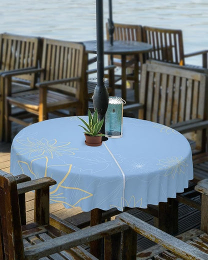 QueenKer Outdoor Tablecloth with Umbrella Hole, Minimalist Lines Leaves Flowers Blue Round Tables Waterproof Tabletop Collection for Patio, Garden, Picnic, Camping, Dining 60R