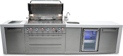 Mont Alpi 132"W x 23"D x 46"H Deluxe Stainless Steel Outdoor Kitchen Island with Refrigerator Faucet & Sink Combo + 44"W 6-Burner BBQ Grill + Granite Countertops + Storage Cabinets + Drawers + Cover