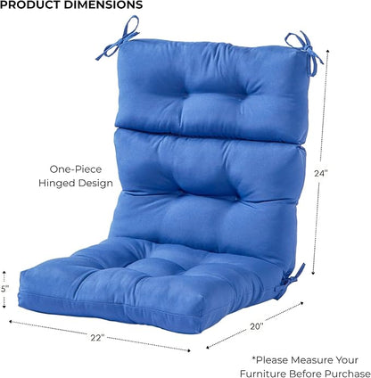 Outdoor Tufted High-Back Chair Cushions, One-Piece Hinged Seat and Back Design, Reversible with 4 Ties, Durable Polyester Fabric, Recycled Fiber Fill - Single, Marine Blue