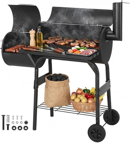 Extra Large Charcoal BBQ Grills with 192 Sq. In. Offset Smoker Charcoal Grill, Cooking Space Barrel Charcoal Grills, All Metal Steel Warming Rack for Patio Picnics Camping Backyard Cooking