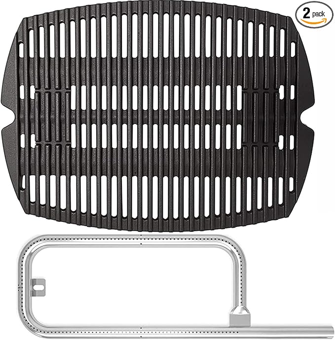 SafBbcue 7583 Cast Iron Cooking Grates 41862 Grill Burner for Weber Q200 Q220 Q2000 Q2200 396000 396001 566002 53060001 Grills, 21.5" Grill Grids Grates 20.5" Burner Tube Kit for Weber 7645 60041