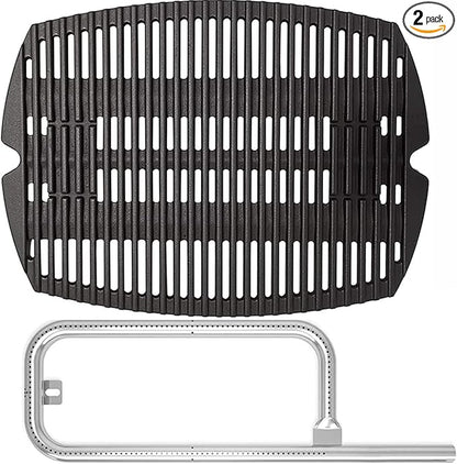 SafBbcue 7583 Cast Iron Cooking Grates 41862 Grill Burner for Weber Q200 Q220 Q2000 Q2200 396000 396001 566002 53060001 Grills, 21.5" Grill Grids Grates 20.5" Burner Tube Kit for Weber 7645 60041