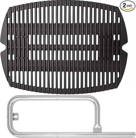 SafBbcue 7583 Cast Iron Cooking Grates 41862 Grill Burner for Weber Q200 Q220 Q2000 Q2200 396000 396001 566002 53060001 Grills, 21.5" Grill Grids Grates 20.5" Burner Tube Kit for Weber 7645 60041