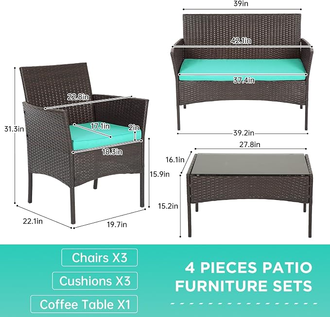 FDW Patio Furniture Set PE Rattan Patio Set Wicker Outdoor Furniture Bistro Set for Outdoor Indoor Use with Loveseats Coffee Table, Blue Cushions, 4 Pieces