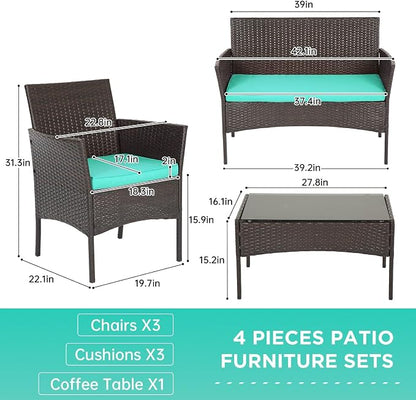 FDW Patio Furniture Set PE Rattan Patio Set Wicker Outdoor Furniture Bistro Set for Outdoor Indoor Use with Loveseats Coffee Table, Blue Cushions, 4 Pieces