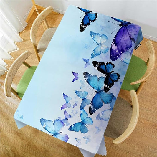 Swono Butterflies Table Cloth Rectangle Tables Nature Butterflies Blue Kitchen Table Cover Oblong 52"X70" Tablecloth for Dining Table Buffet Parties Patio and Camping