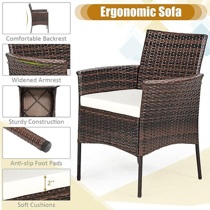 HAPPYGRILL 5 Pieces PE Wicker Patio Dining Set with Table and Chairs with Cushions, Outdoor Patio Furniture Set for Deck, Garden and Backyard (Brown Beige & Glass)