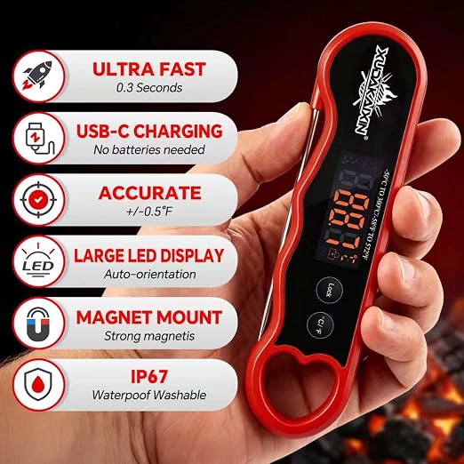 0.3s Fast Read Meat Thermometer – USB-C Rechargeable,Red | Digital instant read for BBQ, baking, and candy –no batteries needed