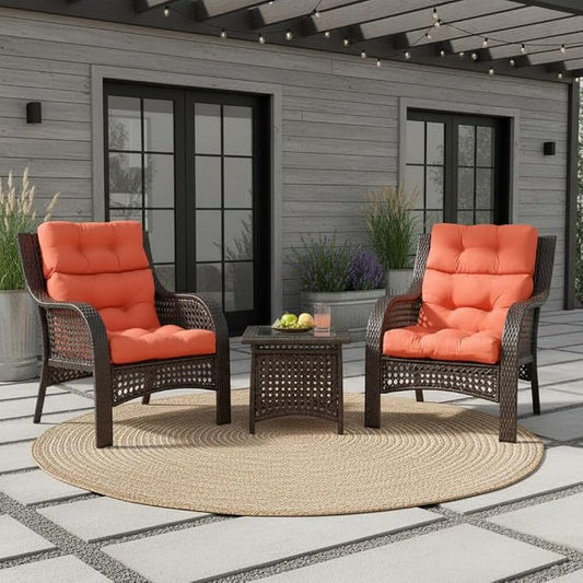 Outdoor Tufted High-Back Chair Cushions, One-Piece Hinged Seat and Back Design, Reversible with 4 Ties, Durable Polyester Fabric, Recycled Fiber Fill - Set of 2, Rust